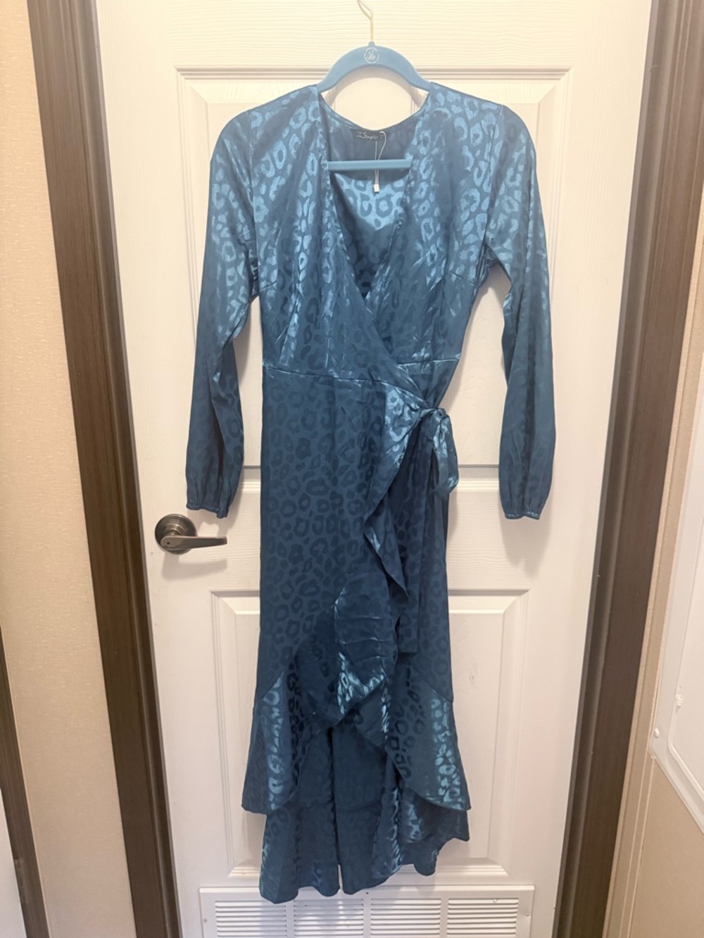 Simple Teal Blue Long Sleeve Wrap Dress